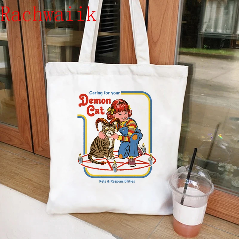 2021 Satan Shopping Bag Graphic Tote Harajuku Shopper Bag Women Canvas Shoulder Bag Female 90s Funny Eco Large-capacity anime