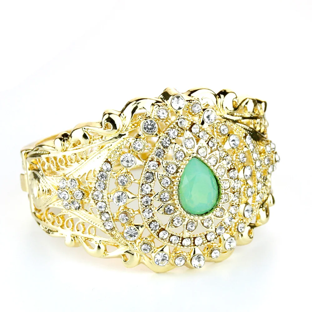 Sunspicems Trendy Gold Color Women Bangle Crystal Morocco DuBai Mint Green Cuff Bracelet Bridal Wedding Jewelry Indian Bijoux