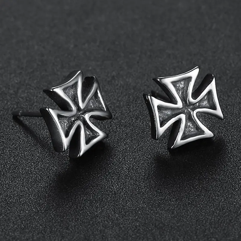 Drop Shipping Punk 316L Stainless Steel Knights Templar Iron Cross Stud Earrings