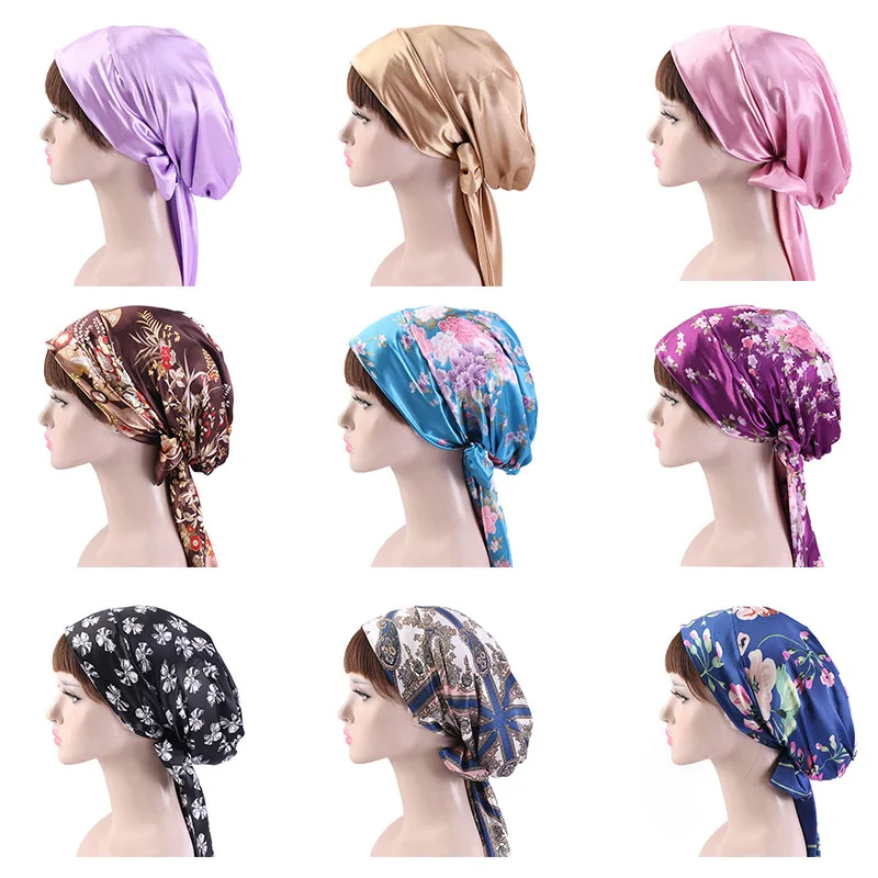 2024 Fashion Ladies Satin Floral Bow Headscarf Turban Hairwear Women Soft Sleeping Bonnet Hair Wrap Women Cap Beanies Skullies