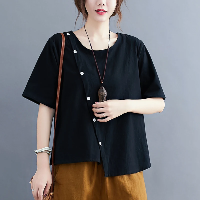 Blusa de lino y algodón con dobladillo Irregular en la parte delantera con botones, Top de verano de manga corta, blusa informal holgada de talla grande en negro, blanco y caqui