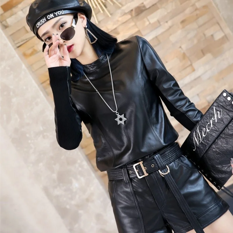 Style Punk Women Long Sleeve Stand Collar Sheepskin Genuine Leather T-Shirts Biker Slim Fit Back Lace Hollow Out Sexy Tees Tops