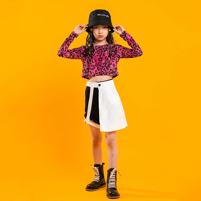 Ropa de Hip Hop para niños, Top corto de leopardo de manga larga con lentejuelas, camiseta sin mangas, ropa de calle, falda blanca para niña, disfraz de baile