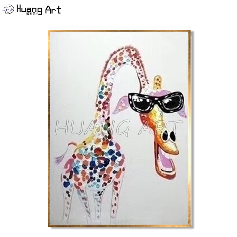 

Hand-painted Funny Giraffe with Glasses Knife Oil Painting on Canvas for Wall Decor Modern Long Necked Animal Oil Painting