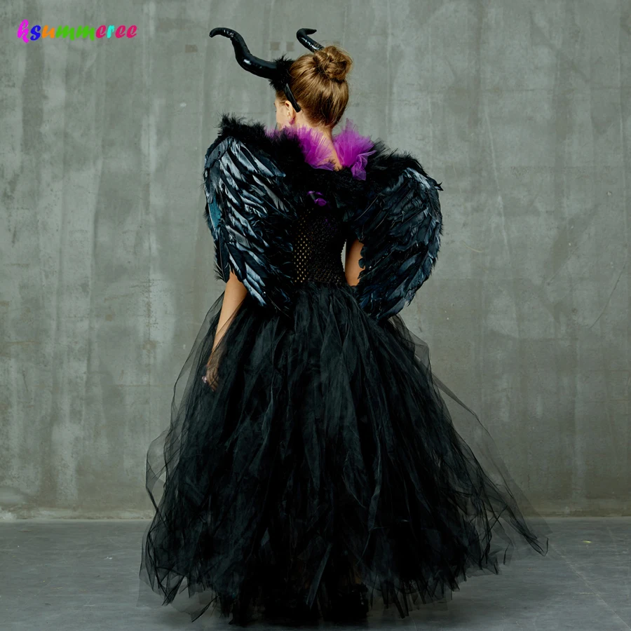 Kids Evil Queen Girls Halloween Fancy Tutu Dress Costume with Horn Wing Children Christening Dress Up Black Gown Villain Clothes