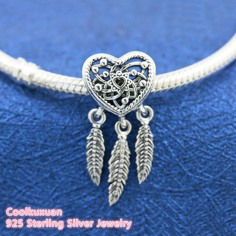 

Openwork Heart & Three Feathers Dreamcatcher Charm Original 100% 925 Sterling Silver beads Fits Pandora bracelets Jewelry Making