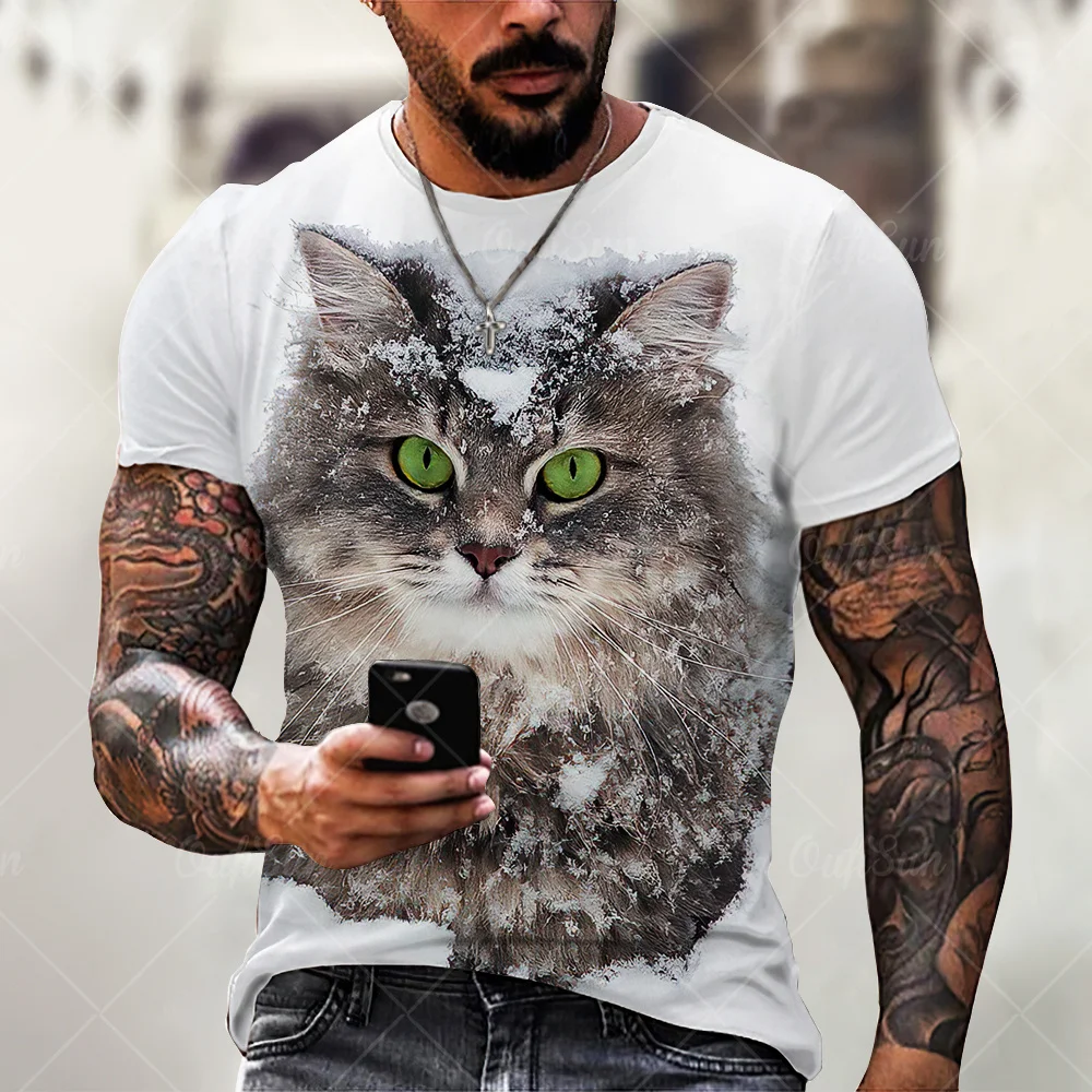 Fashion Man Tees Cute Cat 3D Printing Unisex T-Shirt Male Kawaii O-Neck Summer Short Sleeve Tops Street Oversize Funny Clothes