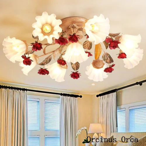 

European Romantic Red Rose ceiling lamp Living Room Living Room Bedroom Korean Pastoral Creative LED Flower ceiling lamp