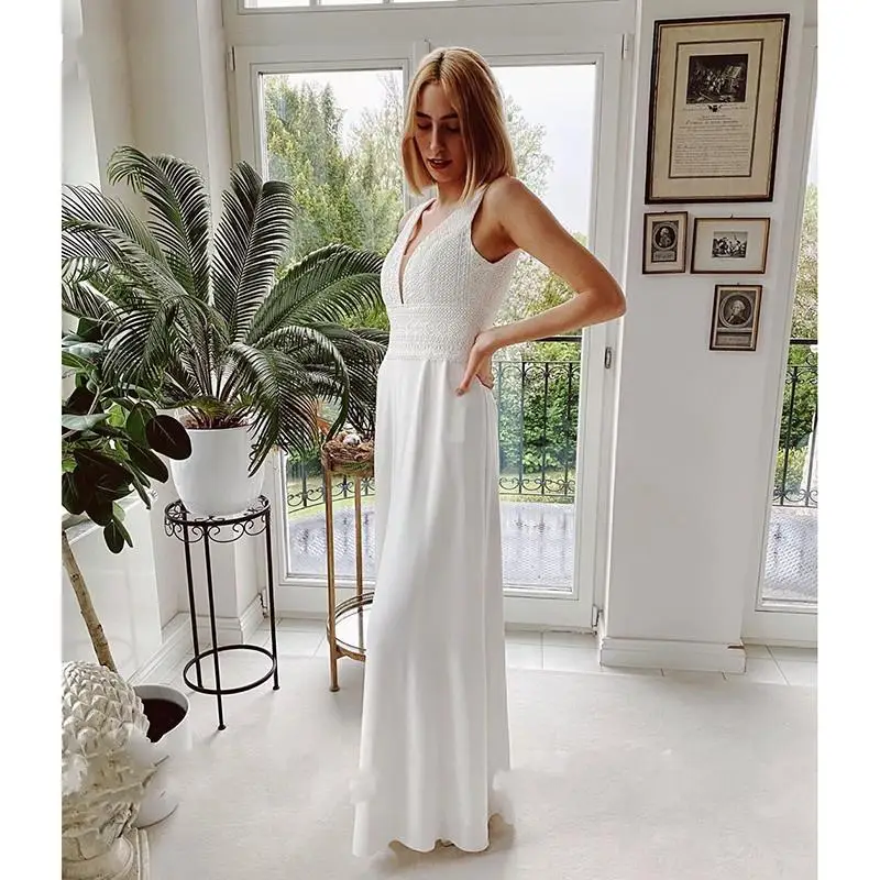 2021 Designer Lace Chiffon Jumpsuit Wedding Dress V-neck V Open Back Pantsuit Bridal Dresses Plus Size Women Vestidos De Novia