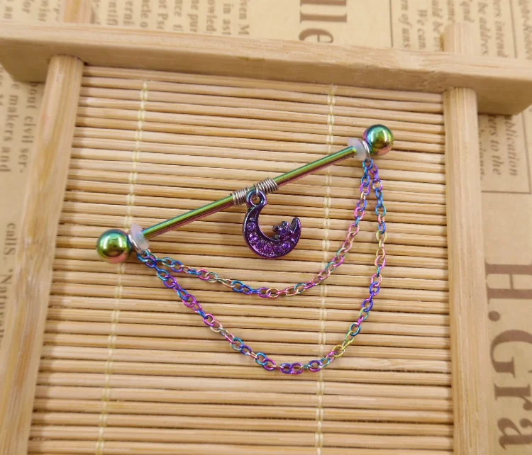 2022 Newest 8 Styles 14G Stainless Steel 14 Gauge Rainbow Moon Bead Triple Chain Dangle Industrial Barbell 38mm