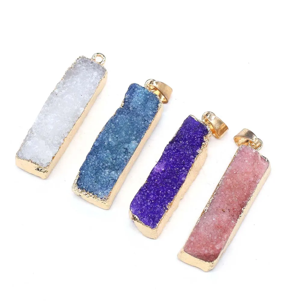Natural Druzy Agates Pendants Charms Rectangle Agates Pendants for Jewelry Making DIY Accessories Fit Necklaces Size