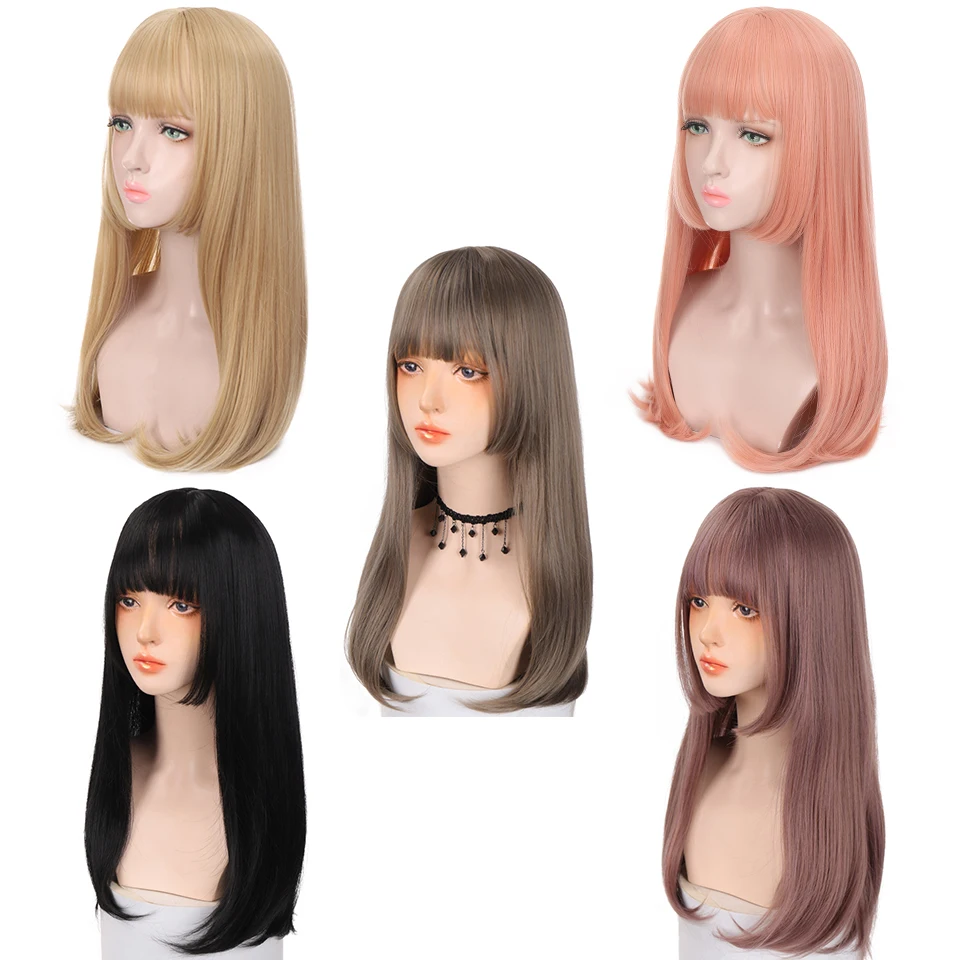 AILIADE Long Straight Synthetic Wigs for Women Black Pink Heat-Resistant Daily Anime Lolita Cosplay Party Wigs