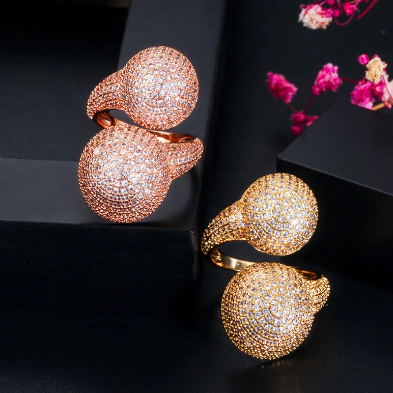 CWWZircons Adjustable Micro Pave Cubic Zirconia Ball Gold Color Fashion Ladies Engagement Finger Rings for Wedding Party R151