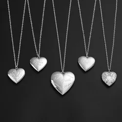 Unique Silver Color Photo Frame Pendant Necklace Carved Designs Heart-shaped Openable Locket Necklace Family Jewelry Gift