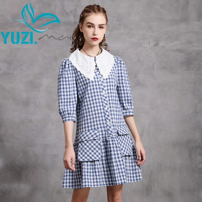 Dress For Women 2020 Yuzi.may Boho New Cotton Viscose Women Dresses Peter Pan Collar Half Sleeve Vintage Vestidos A82269