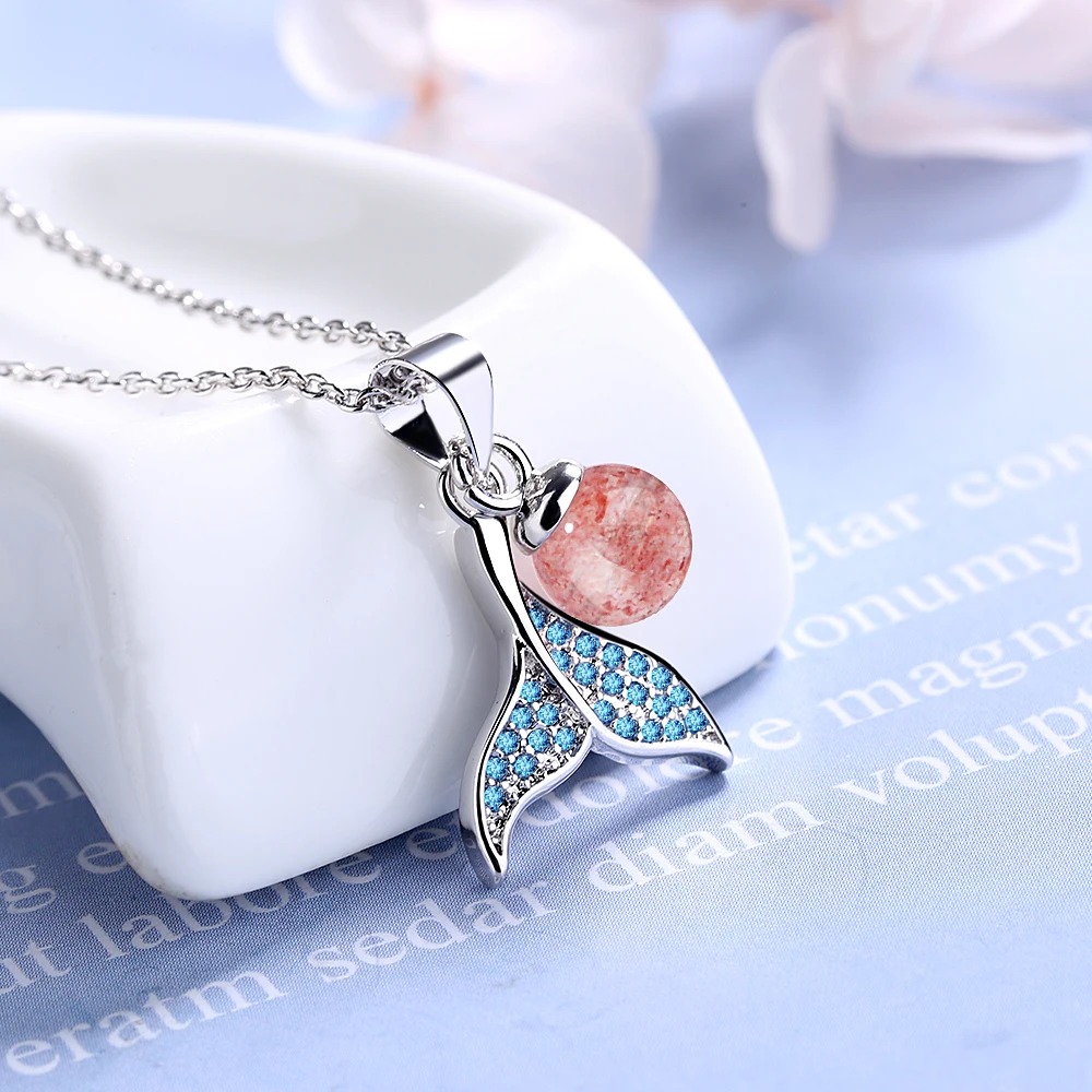 Romantic 925 Sterling Silver Blue Zirconia Mermaid FishTail Necklace For Women Natural Strawberry Crystal Jewelry S-N450 image 4