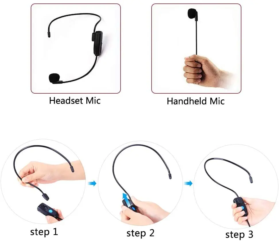 Wireless Microphones Headset, UHF Dual Wireless Mic, 2 Wireless Mics & 1 Receiver, Headset and Handheld 2 In 1 Rechargeable