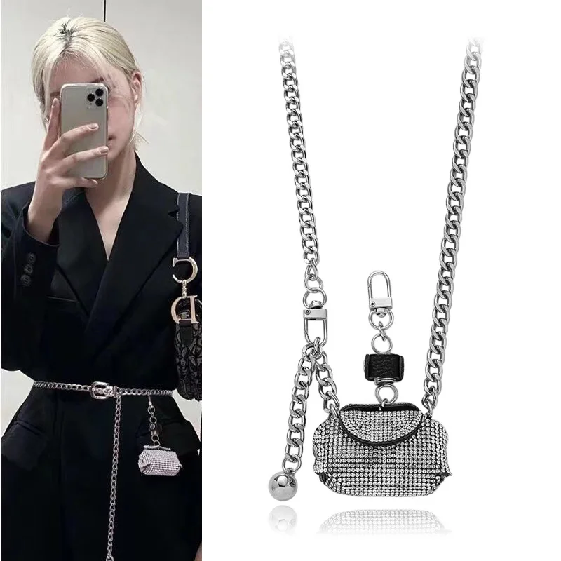 Internet Celebrities Silver Female Metal Chain Belt Diagonal Span Mini Full Diamonds Waist Bag Accessories Ins Tide Thin Strap