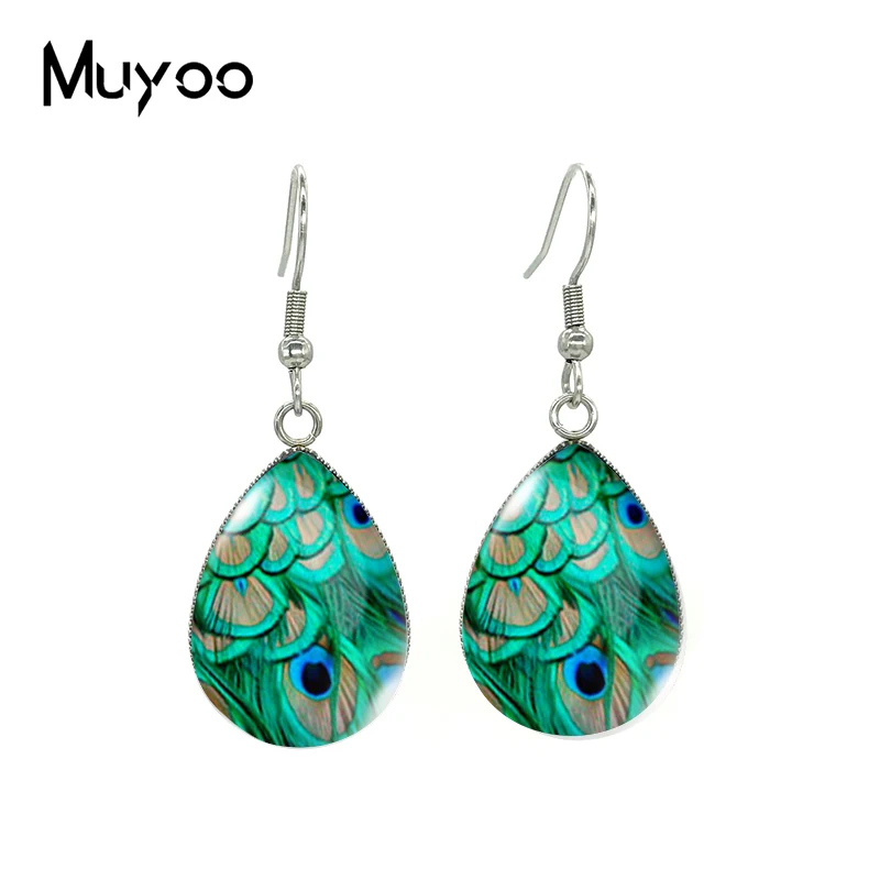 2021 New Peacock Feather Tear drop Earring Art Printed Fish hook Earrings Glass Cabochon Jewelry Handmade Items