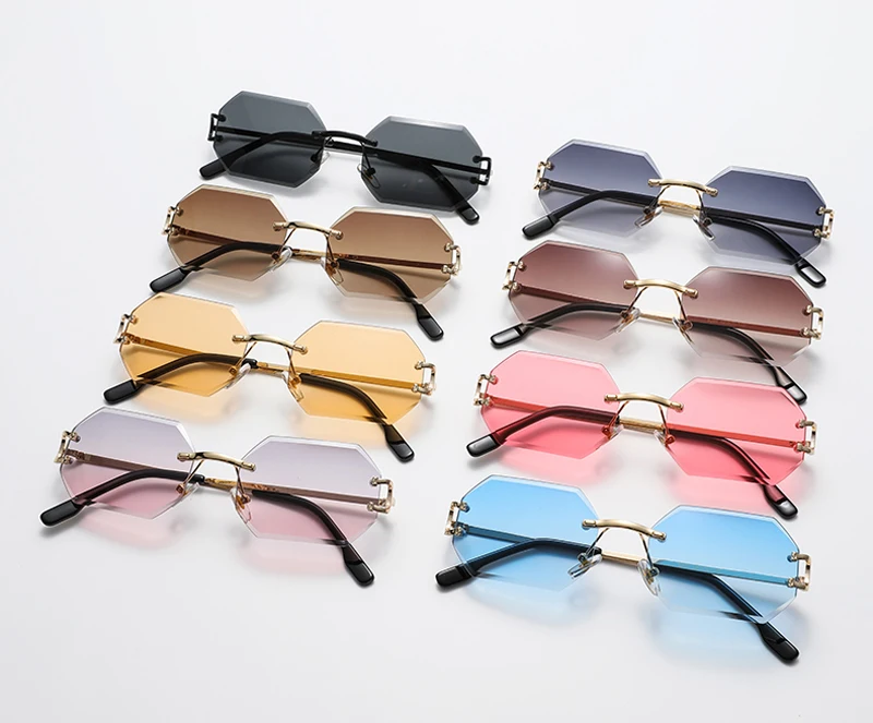 Kachawoo achteckige Sonnenbrille, randlos, Metall, für Herren, modische Sonnenbrille, für Damen, rechteckig, rahmenlos, blau, braun, rosa, europäischer Stil – Detail 2