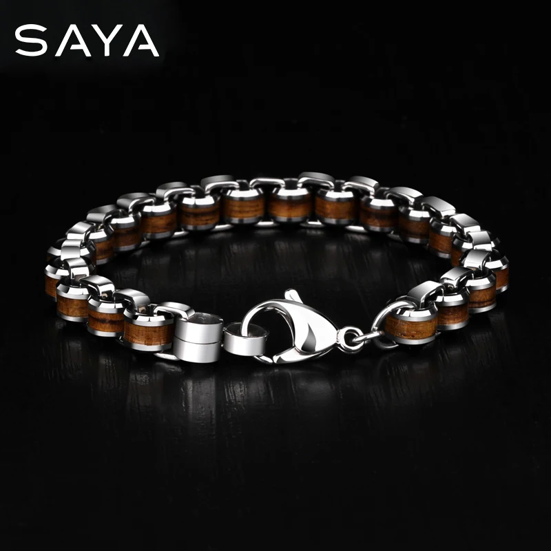 Men Fashion Bracelets Tungsten Carbide Links Chain Bracelets Inlay Natrual Wood Length 18.5/19.5/20.5cm