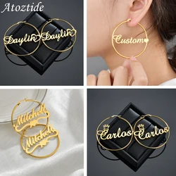 Atoztide-pendientes de acero inoxidable con letra personalizada para mujer, joyería de fiesta con nombre personalizado, diámetro de 50mm