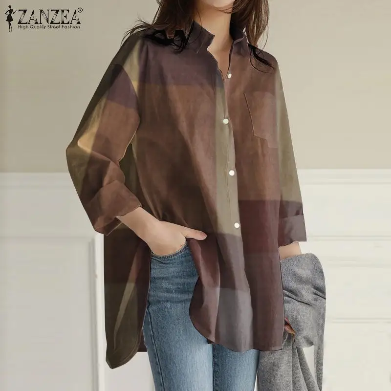 Fashion Pockets Asymmetrical Chemise ZANZEA Women Autumn Long Sleeve Blouses Casual Shirt Kaftan Plaid Printed Tops