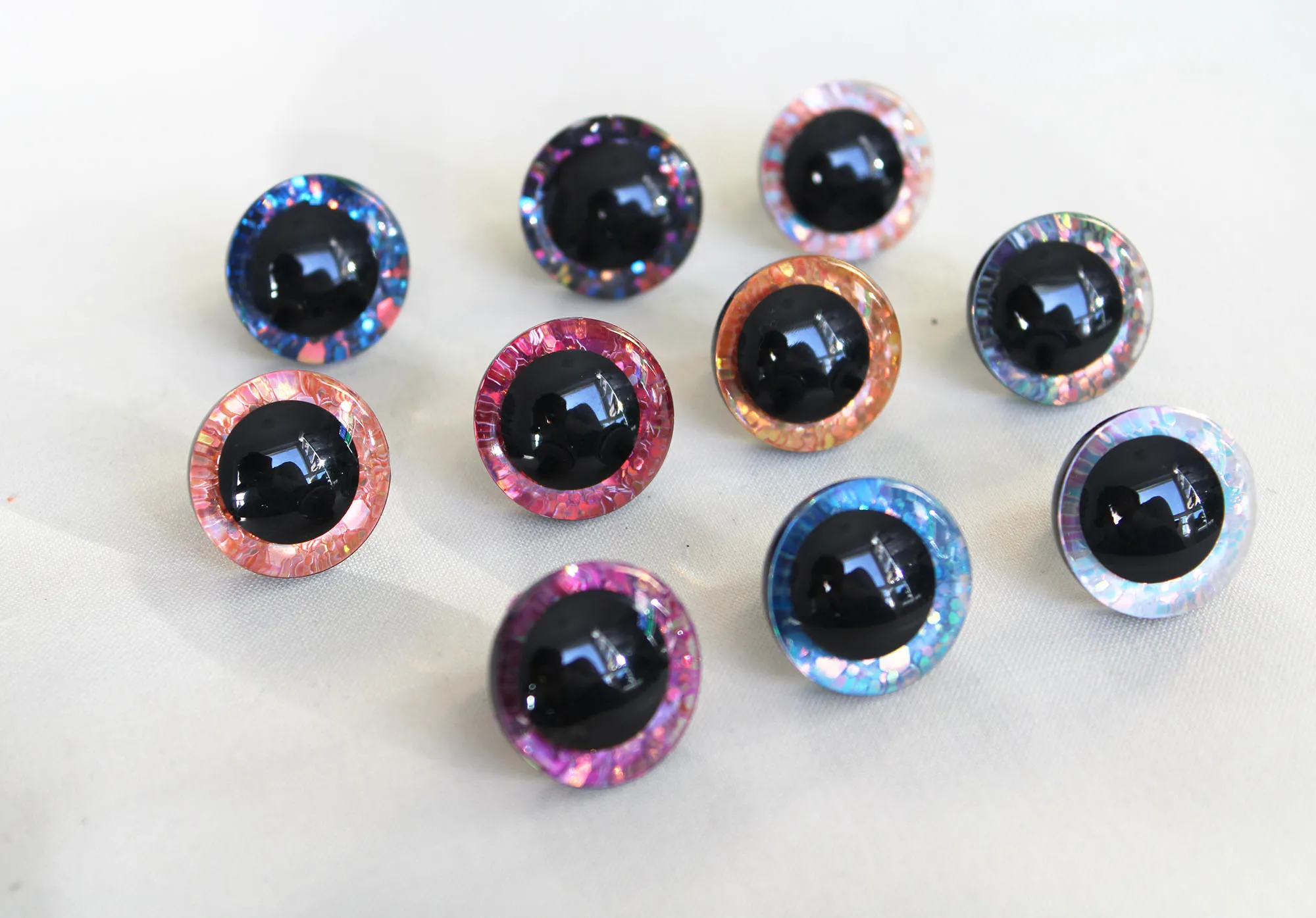 10 Farben gemischte, klare, bunte Sicherheitsaugen, 25mm 30mm, 3D komische runde Glitzer-Spielzeugaugen mit harter Unterlegscheibe und Glitzer – Detail 33