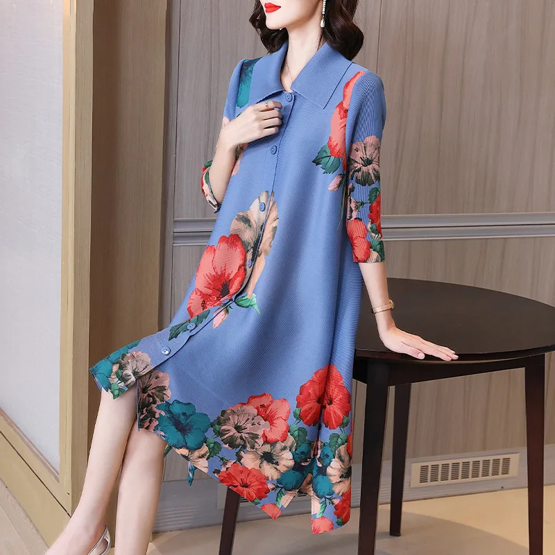 2021 autumn female retro printing dress miyake pleated new style fat mm plus size folda thin jacket dress for woman