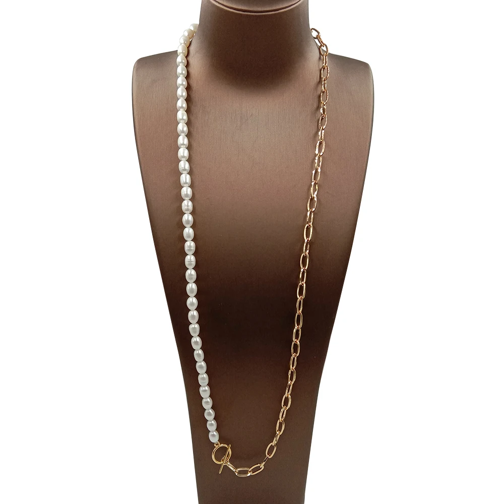 80 cm ,100% NATURE FRESHWATER PEARL LONG  NECKLACE-stainless steel chain with 18 k gold plating , rice shape freshwater pearl