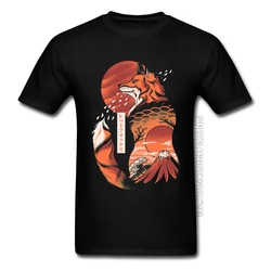 Japanese Fox Hokusai Wave Fuji Mount Sunset Classic Tshirts Art Design Mountain Sakura Landscape Men T Shirt Print Black Great