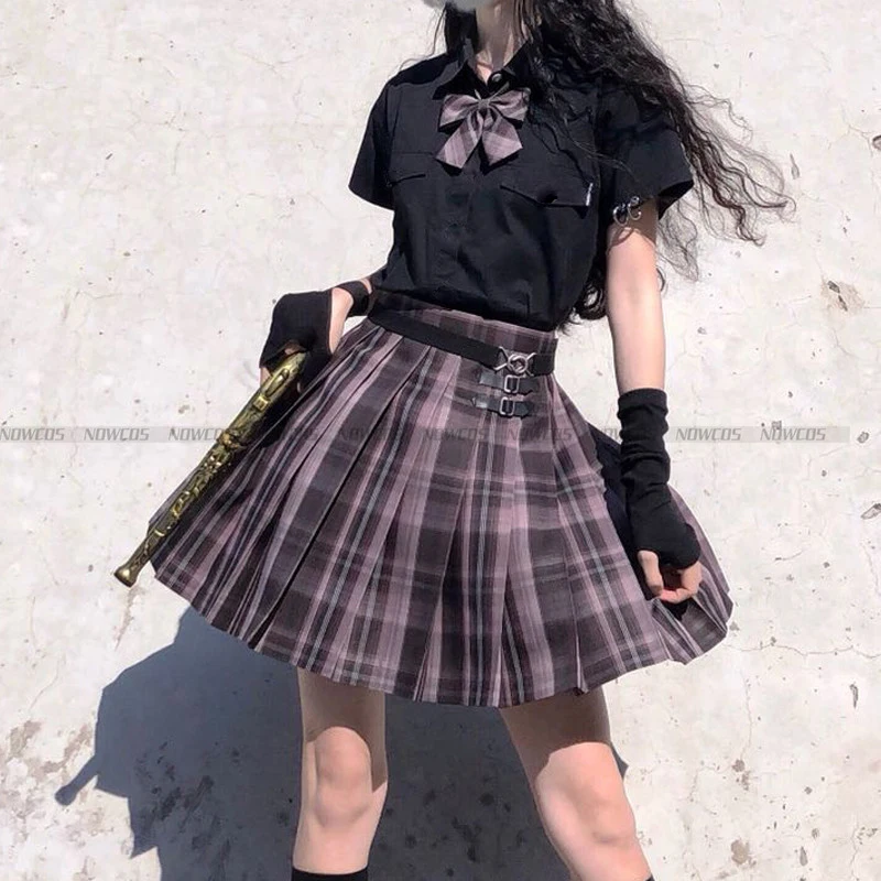 [Aurora] Students Girl's Summer Short Sleeve High Waist Pleated Purple Plaid Mini Grid Skirt Women Dress For JK School Uniform