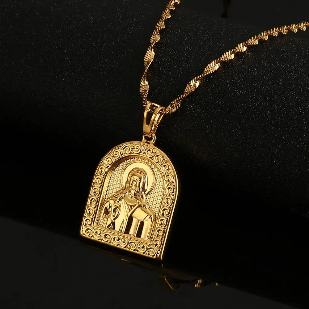 Gold Color Portrait of Jesus Pendant Necklaces for Women Girl Christian Religion Jewelry Gift