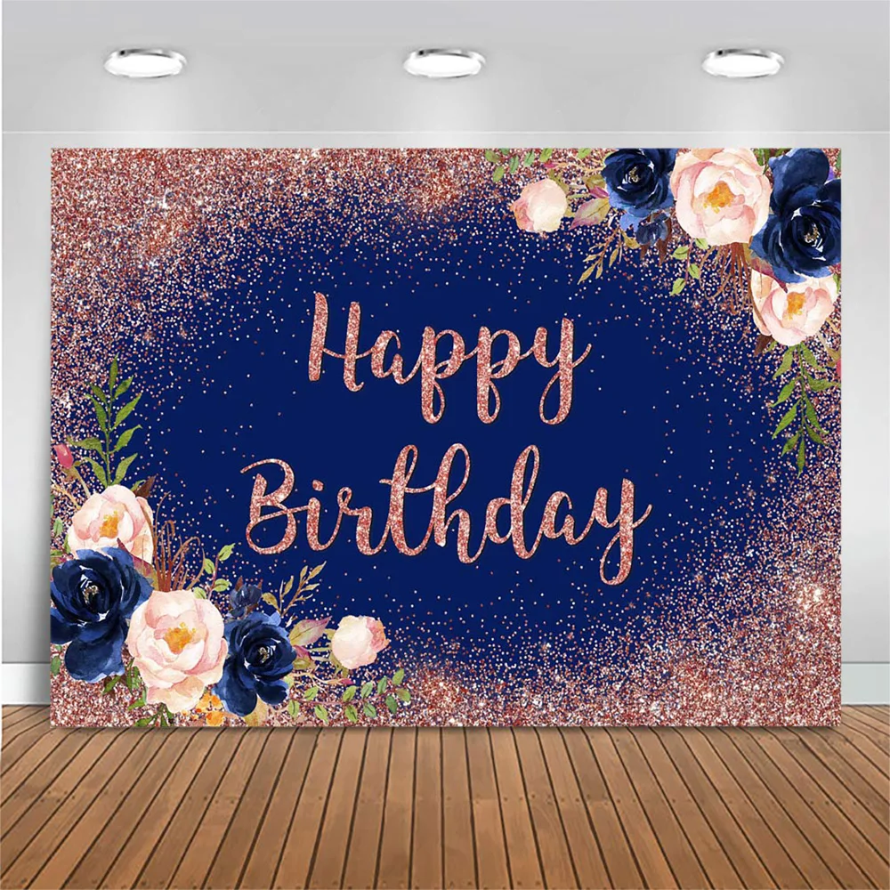 

Mocsicka Glitter Happy Birthday Background for Photo Studio Adult Women Birthday Party Backdrop Photography Photo Shoot Flowers