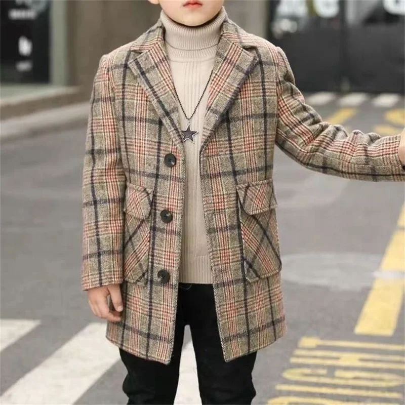 Boy Wool Coat for Autumn & Winter Children\'s Jacket Fashion Turn Collar Plaid Keep Warm Outerwear Teenage Clothes 2021