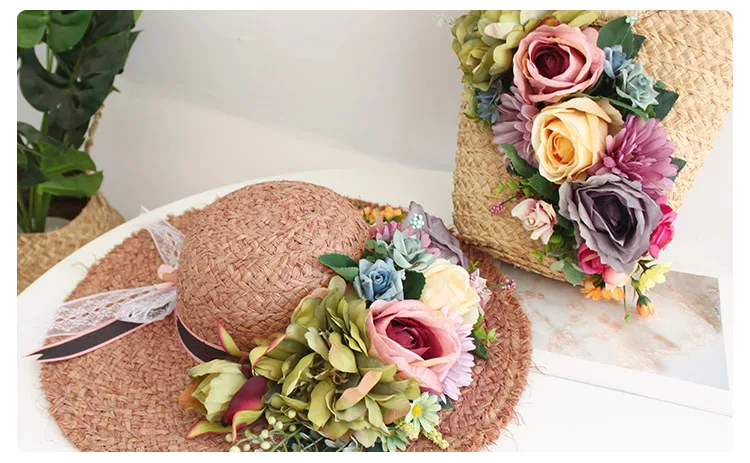 High-end Customized Multicolor Artificial Flower Straw Beach Bag and Hat Suit Women Fashion Rattan Holiday Summer Lady Tote Bag