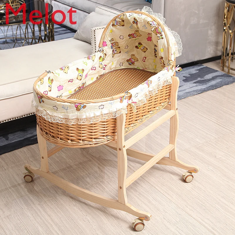 Rattan Baby Bassinet Newborn Portable Basket Babies\' Bed Cradle Rocking Nest Solid Wood