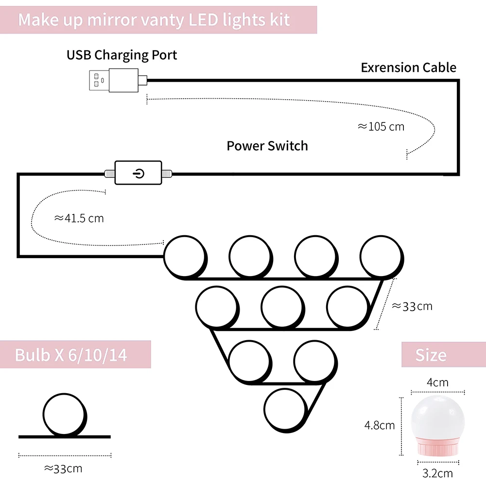 المرآة البالونية ضوء USB مصباح التجميل مكياج مضيء لمبة 5 فولت LED هوليوود خلع الملابس الجدول الإضاءة الحمام الجدار مصباح 2 6 10 14 قطعة