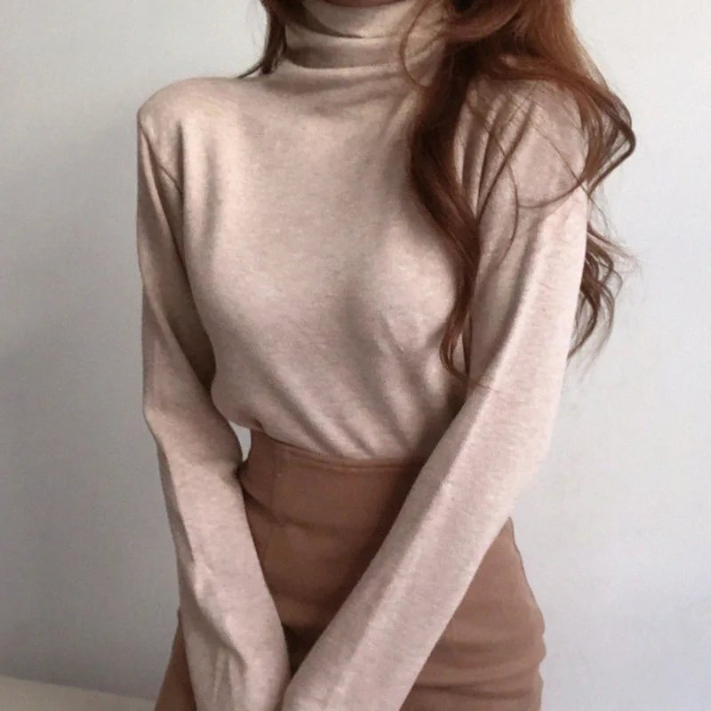 

Turtleneck Korean Sweater Woman Autumn Loose Top Pollover 2021 Cute V Neck Warm Solid Winter Thick Knitted Jumpers Dropshipping