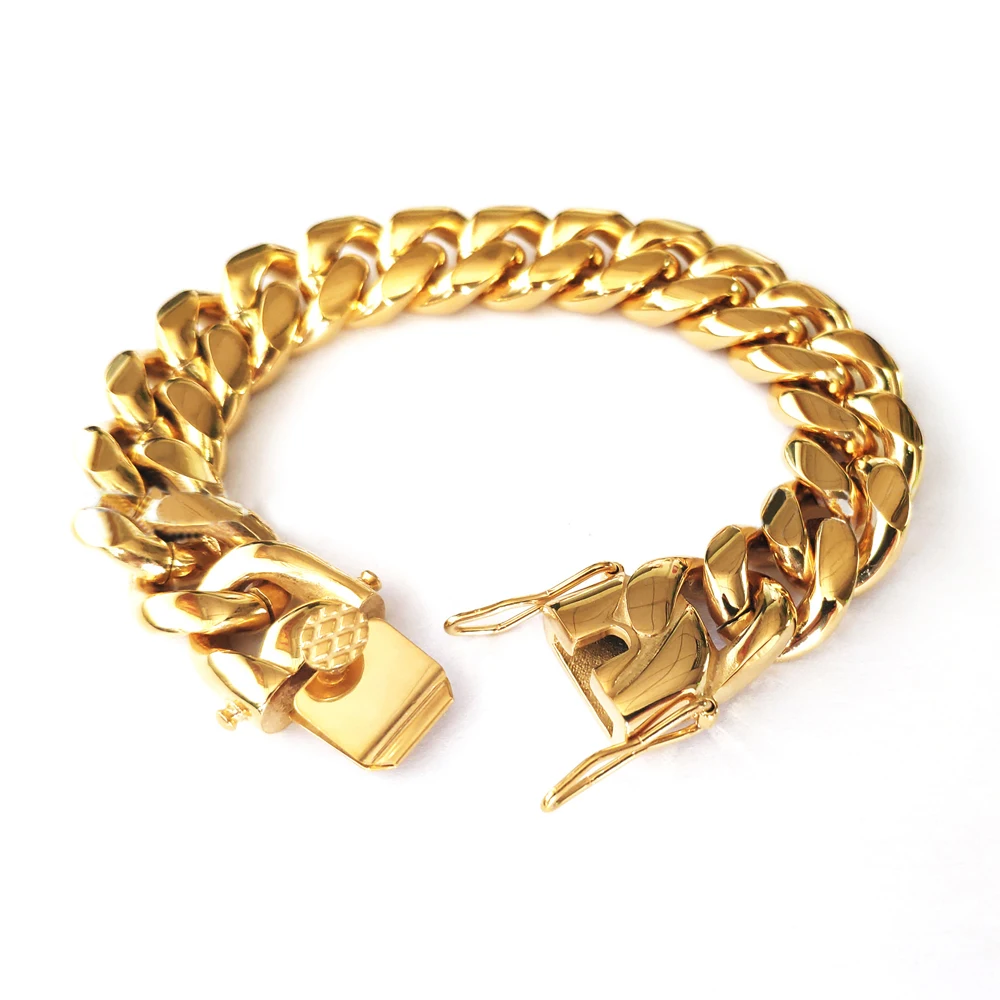 Stainless Steel Miami Curb Cuban Chain Bracelets Hip Hop 18K Gold Plated Jewelry Men Women Accessories Link Lock Clasp Bangles