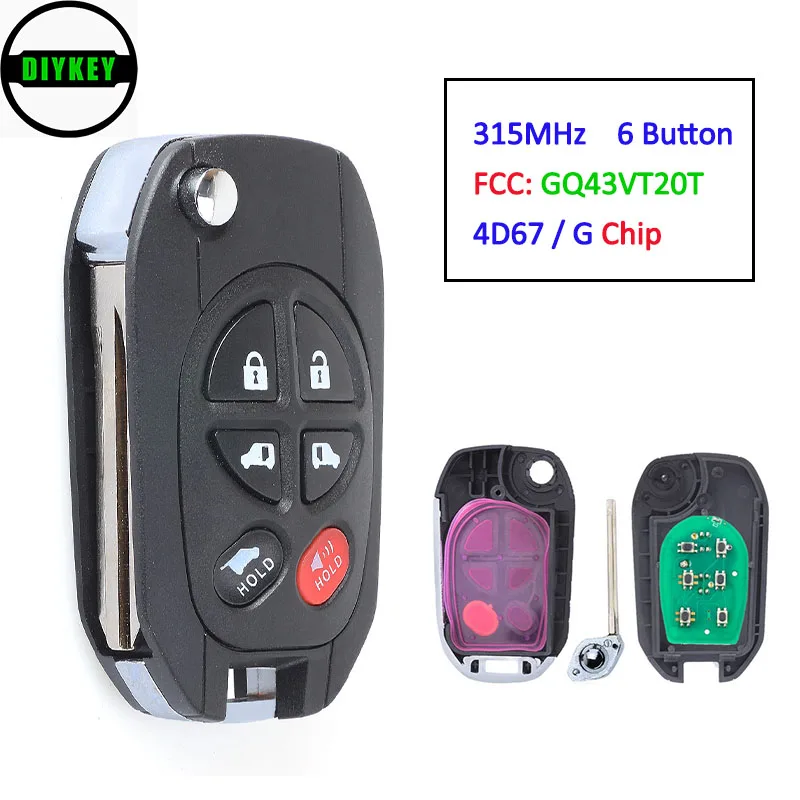 

DIYKEY 4D67 / G Chip Modified Filp Remote Key 6 Button 315MHz for TOYOTA Sequoia Sienna Tacoma Tundra Avalon Solara, GQ43VT20T