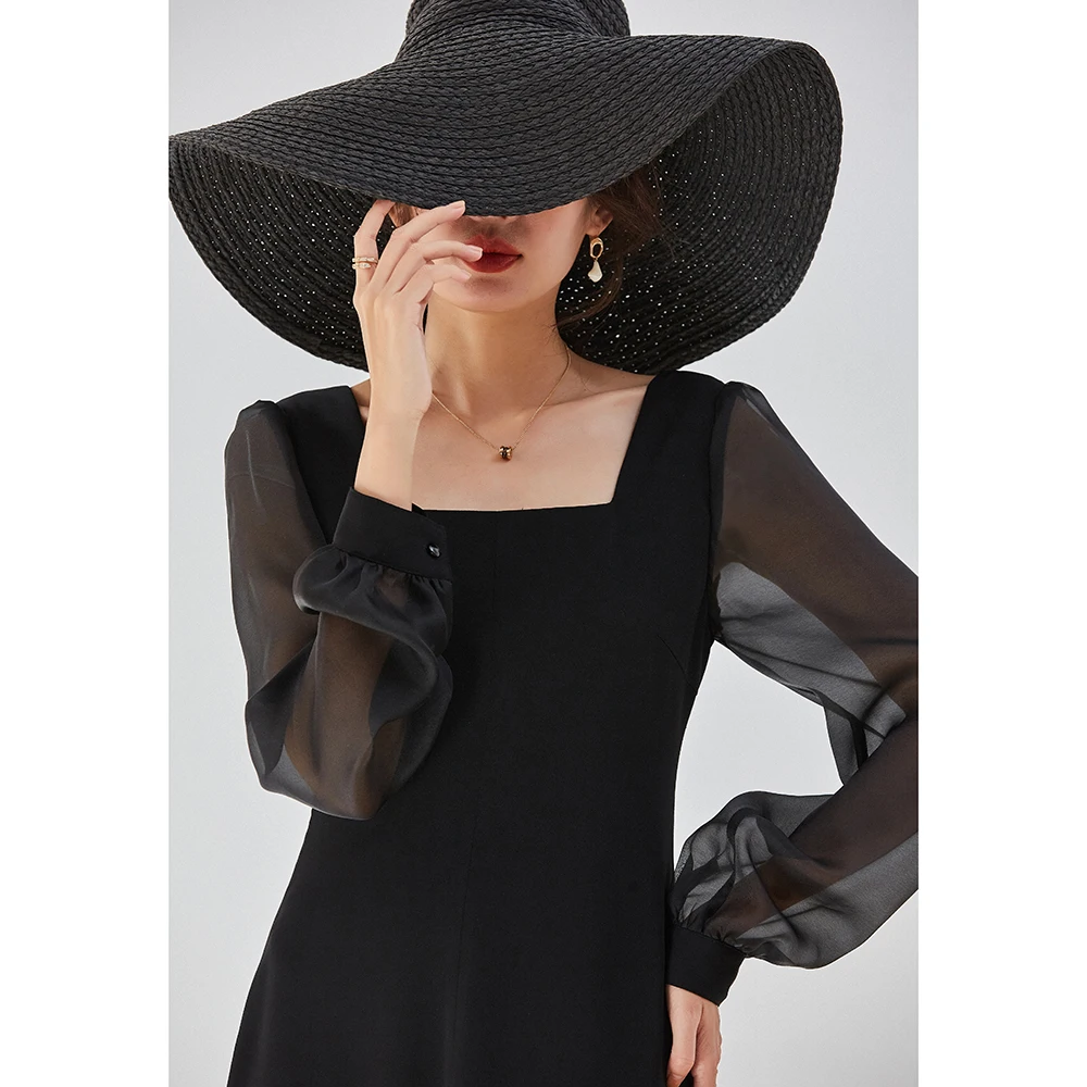 

Female Dress 2021 Summer Black Square Neck Party Retro Sexy Casual Elegant Fashion long Sleeve Dresses for Women Chic Outfits