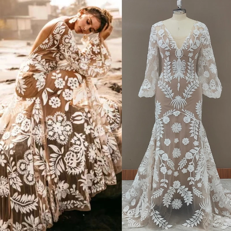 #9651 2 Pieces Long Sleeves Sexy Lace Deep V-Neck Wedding Dress Backless Beach Barn Ranch Plus Size Custom Made 2021 Mermaid