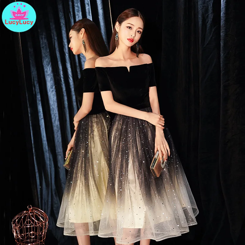 

2021 new banquet elegant black sexy long section word shoulder slim slimming dress party Off the Shoulder Patchwork