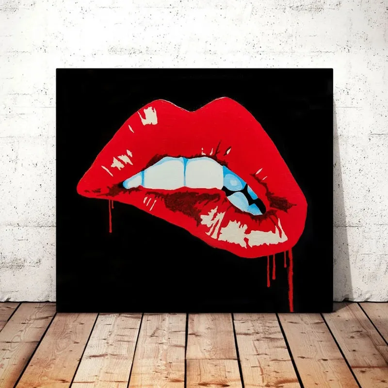 

100% Hand Painted Sexy Lips Abstract Nordic Modern Oil Painting on Canvas Wall Art Picture for Living Room Decoration Frameless