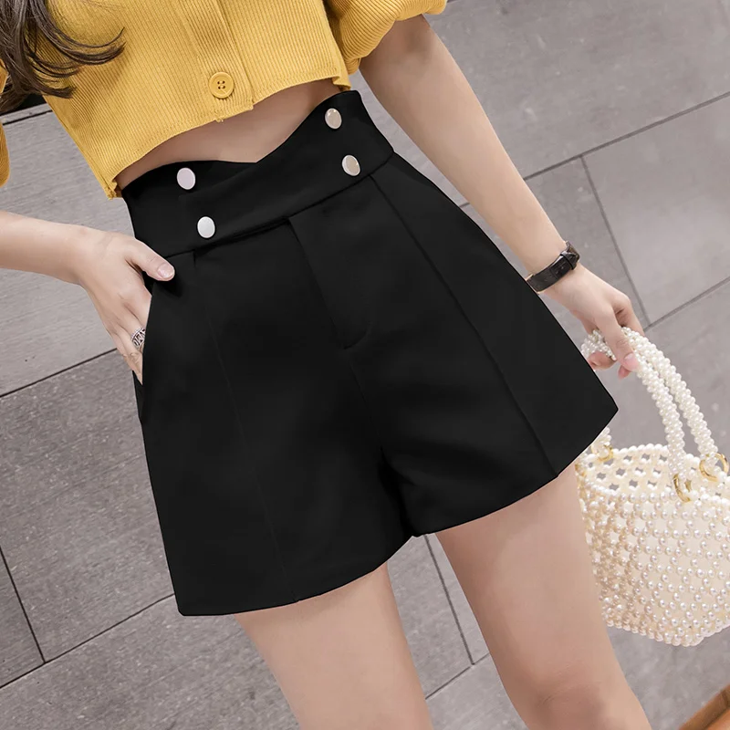 Summer Korean High Waist Shorts Women Wide Leg Loose Ladies Shorts Criss-Cross Double Breasted Harajuku Casual shorts feminino