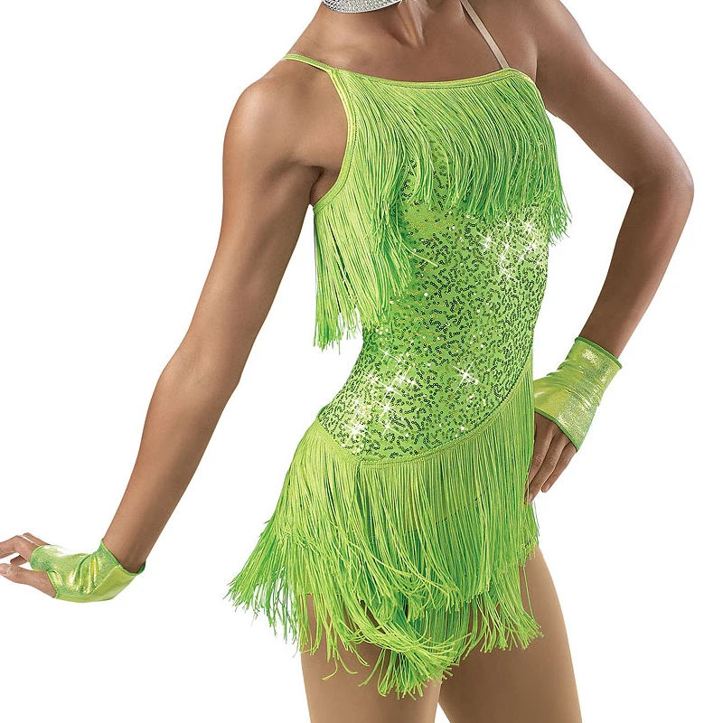 Latin Dance Dress Flowing with Rows of Fringes Tassels High-Low One Shoulder