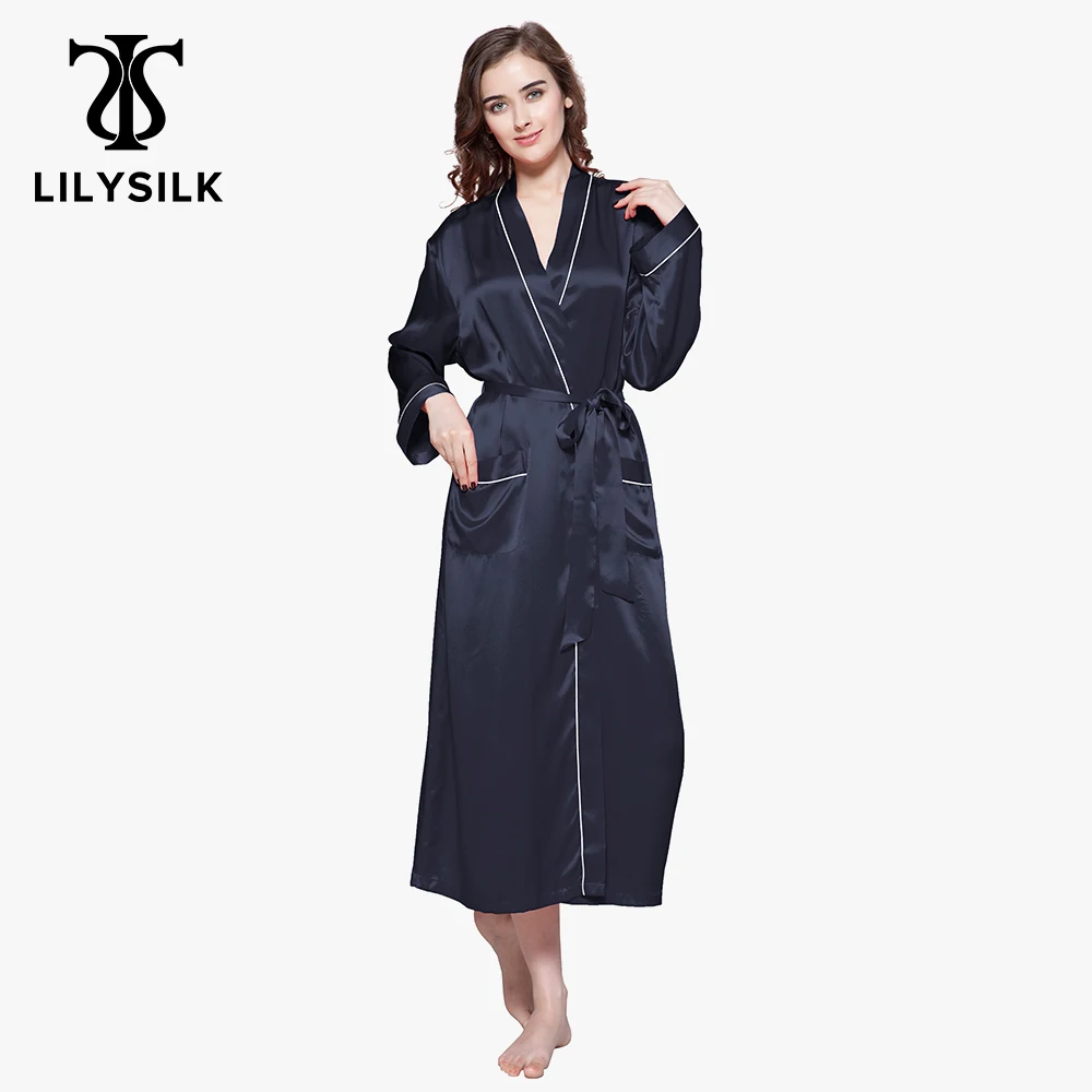 

LILYSILK 100 Silk Robe Sleepwear Kimono Women 22 momme Contra Trim Chinese Full Length Women's Clothing Free Shipping