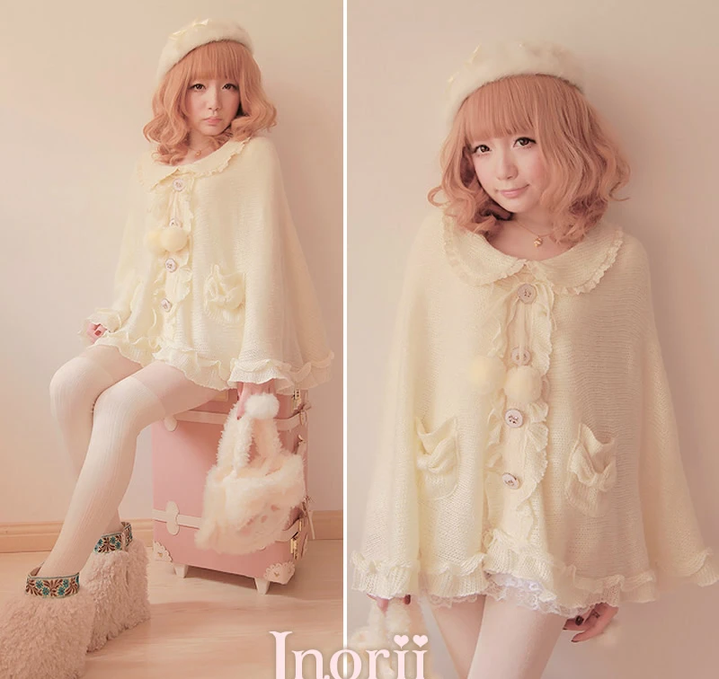 Princess sweet lolita cloak BOBON 21 White soft  fur ball lace bow Autumn-winter gentlewoman warm sweater knitted cloak t0906