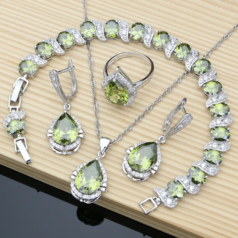 Sterling Silver Bridal Jewelry Sets Gemstone Olive Green Topaz Fine Jewelry Kits for Women Bracelet Kit Earrings and Ring